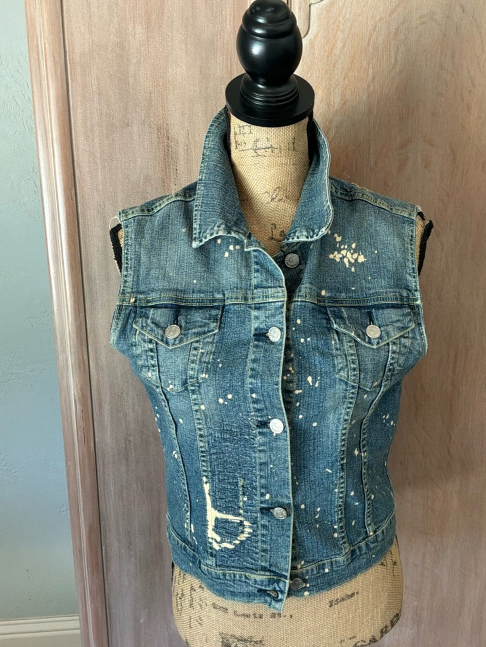 Distressed Denim Vest Cropped thrashed Jean Jacket Festival Boho Western M